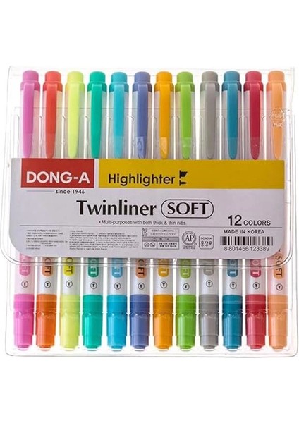 Dong-A Twinliner Çift Taraflı Fosforlu Kalem, Ince ve Geniş Uçlar, 12 Renk Seti