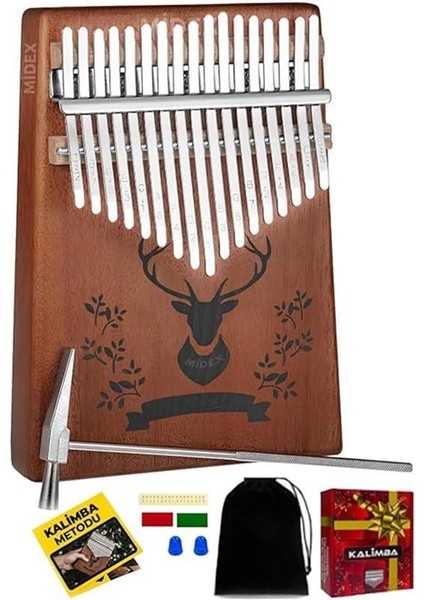 KLX-456 Hakiki Maun Ağacı Kalimba 17 Çelik Tuşlu (Türkçe Metod Çanta Çekiç)
