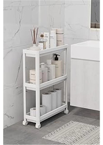 3 Katlı Tekerlekli Slim Ince Beyaz Banyo Mutfak Rafı MIT1125