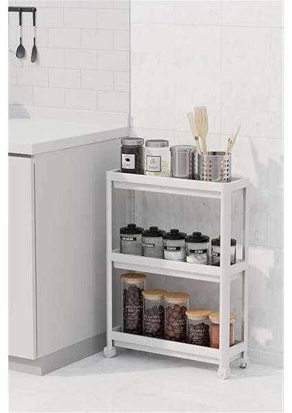 3 Katlı Tekerlekli Slim Ince Beyaz Banyo Mutfak Rafı MIT1125 fırsatları