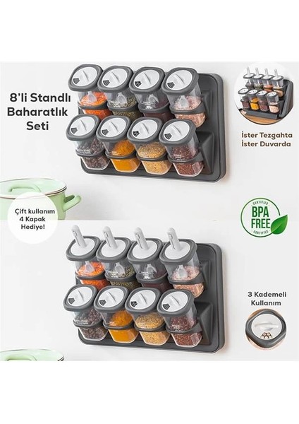 1117 Standlı Kaydırmalı Kaşıklı 360° Döner Kapaklı Etiketli Baharatlık Seti - Erzak Saklama fiyatları