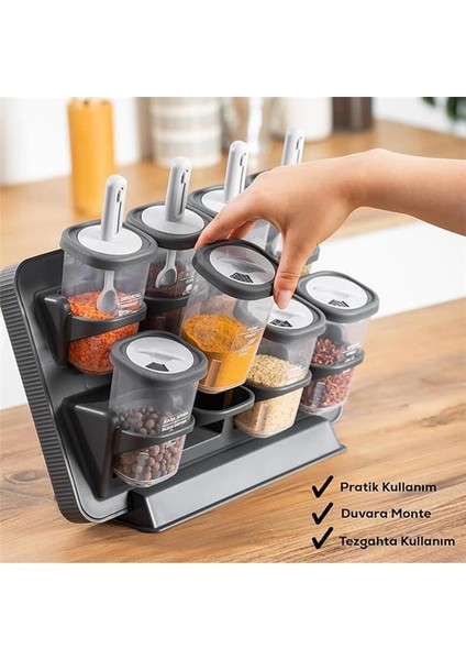 1117 Standlı Kaydırmalı Kaşıklı 360° Döner Kapaklı Etiketli Baharatlık Seti - Erzak Saklama modelleri