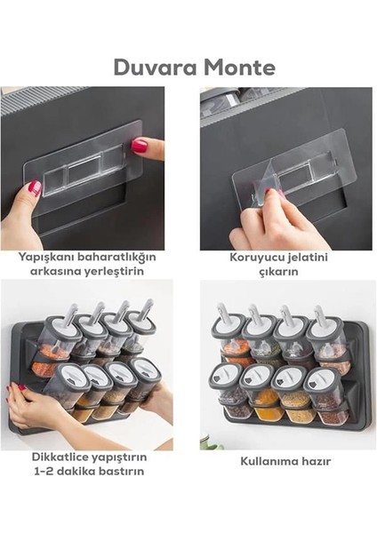 1117 Standlı Kaydırmalı Kaşıklı 360° Döner Kapaklı Etiketli Baharatlık Seti - Erzak Saklama