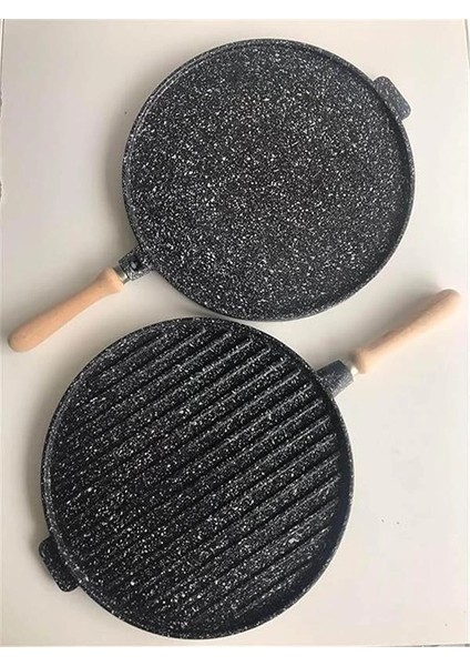 Yanmaz Yapışmaz Granit Kaplama Döküm Çift Taraflı Izgara ve Gözleme Tavası, Çift Taraflı