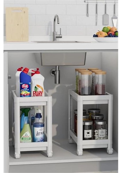 2 Adet 2 Katlı Tekerlekli Tezgah Altı Beyaz Banyo Mutfak Rafı MIT1120