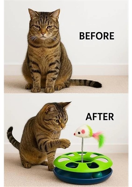 Kedi Oyuncak Seti, Yaylı Tüylü Toplu Kedi Eğlence Istasyonu, Dönerek Hareket Eden Toplu