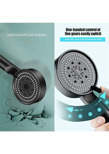 Glee Turbo 5 Fonksiyonlu Mafsallı Duş Seti - Örgülü Hortum ve Askılık (Siyah)