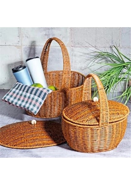 Wicker 2'li Kulplu Kapaklı Hasır Piknik Sepeti Seti