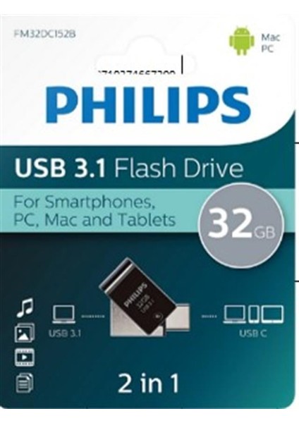 FM32DC152B/00 32GB 2 In 1 Type-C/usb 3.1 Siyah Gri USB Bellek