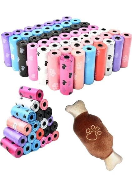 Köpek Kaka Poşeti, 8 Rulo Kaka Torbası, Peluş Köpek Oyuncağı, Kemik Şekilli, Pati Baskılı