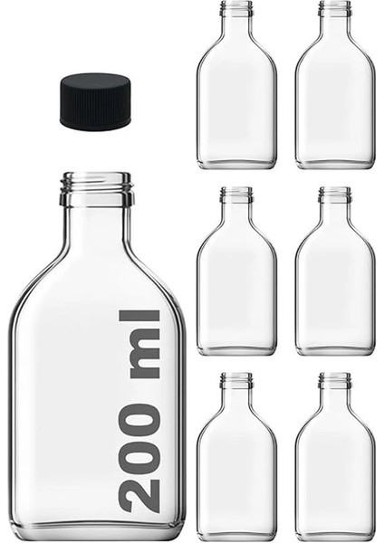 200 cc Kapaklı Cold Brew Şişesi 200 ml Yassı Soğuk Kahve Cam Şişe 6 Adet (Siyah (Plastik))