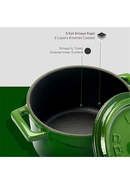 Metal Döküm Mini Tencere, 10 Cm, 0.35 L Hacim, Yeşil