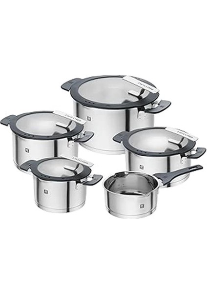 Basitleştirilmiş Paslanmaz Çelik Tencere Seti, 5 Parça, Kapakta Entegre Elekli, Indüksiyon
