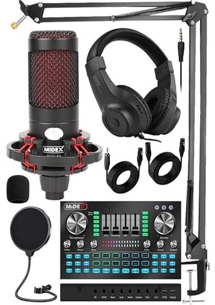 Cxn-30 Paket-12 VS20 Ses Kartlı Condenser Mikrofon Stand Kulaklık Seti