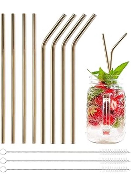 6'lı Paslanmaz Çelik Pipet + 3 Adet Temizleme Fırçası Gold