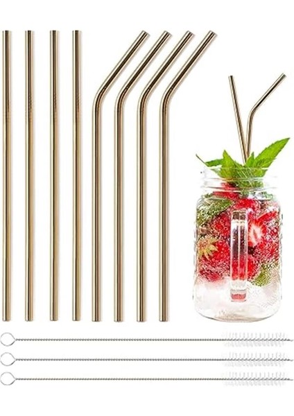 6'lı Paslanmaz Çelik Pipet + 3 Adet Temizleme Fırçası Gold