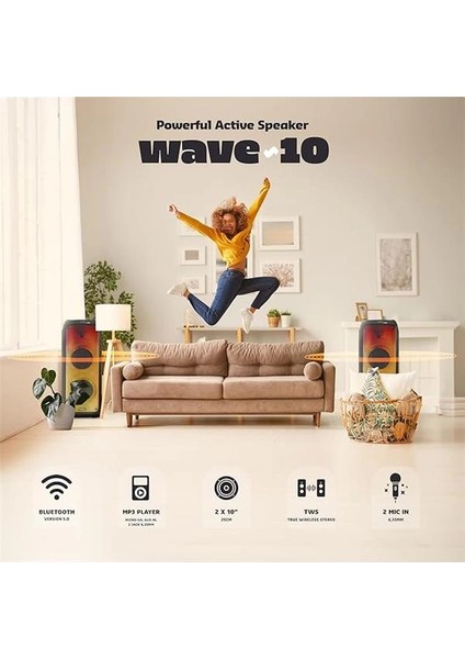 WAVE10 10 Inç (25,4 Cm) Çift Woofer’lı Hoparlör, 800W, Bluetooth, Usb/microsd, Wave LED modelleri