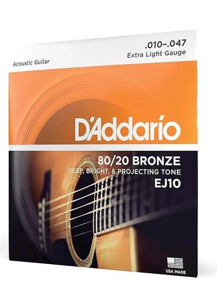 D'addario EJ10 Akustik Gitar Tel Seti, 80/20 Bronze, Extra Light