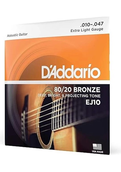 D'addario EJ10 Akustik Gitar Tel Seti, 80/20 Bronze, Extra Light