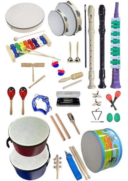Örf Aletleri Seti Overmuch Paket-1 Marakas Zil Üçgen Ksilofon Melodika Mızıka Davul Flüt (26