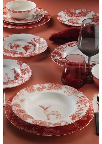 Bone Olympos 6 Kişilik 28 Parça Yemek Takımı Kırmızı Dekorlu 11573