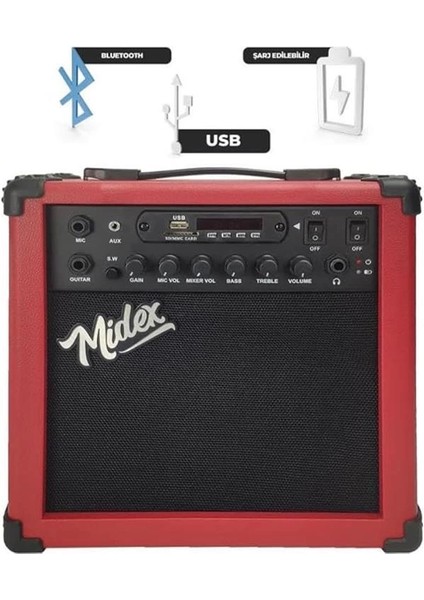 MGA-25RD Elektro Gitar Amfisi 25 Watt USB Bluetooth Şarjlı 2 Girişli fiyatları