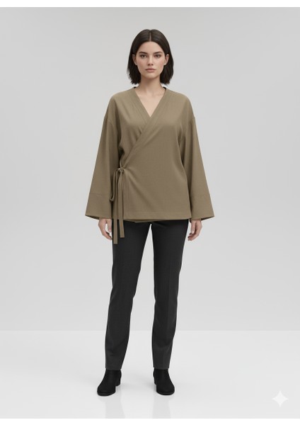 Kadın Kruvaze Viskon Kumaş Oversize Yandan Bağlamalı Kimono