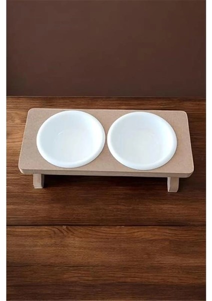 Ahşap Demonte 2 Plastik Taslı Kedi Mama ve Su Kabı Beyaz modelleri