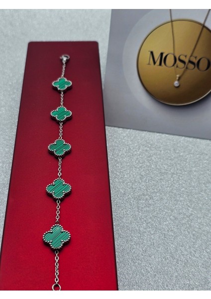 Yeşil Gümüş Renkli Çelik Bileklik Yonca Model Premium modelleri