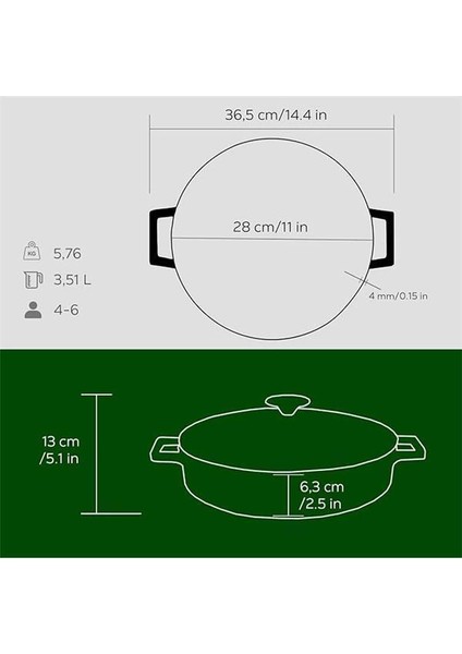 Metal Döküm Çok Amaçlı Yayvan Tencere, Trendy, 28 Cm, 3.51 L Hacim, Yeşil indirimleri