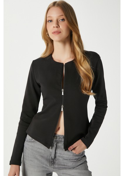Kadın Dean Premium Çift Taraf Fermuarlı Siyah Bluz