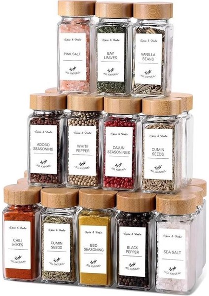 12'li Bambu ve Akasya Kapaklı Cam Baharatlık Seti 120 ml - Doğal Ahşap Kapaklı, Şeffaf