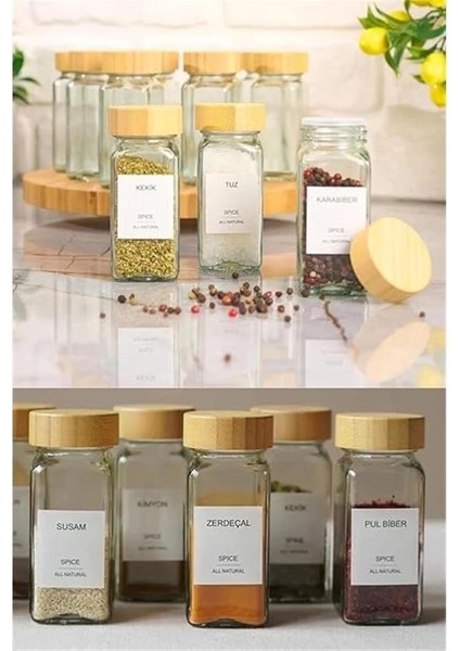 12'li Bambu ve Akasya Kapaklı Cam Baharatlık Seti 120 ml - Doğal Ahşap Kapaklı, Şeffaf indirimleri