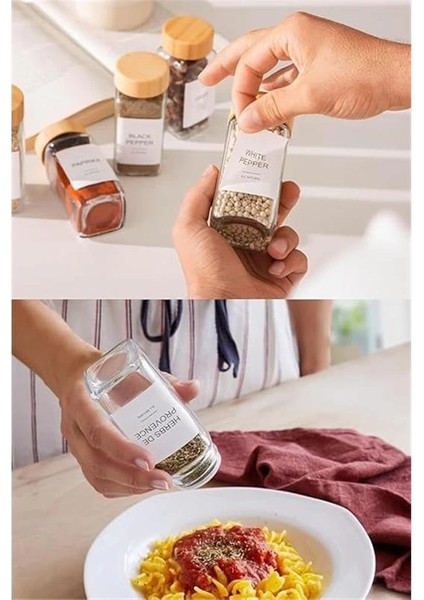 12'li Bambu ve Akasya Kapaklı Cam Baharatlık Seti 120 ml - Doğal Ahşap Kapaklı, Şeffaf