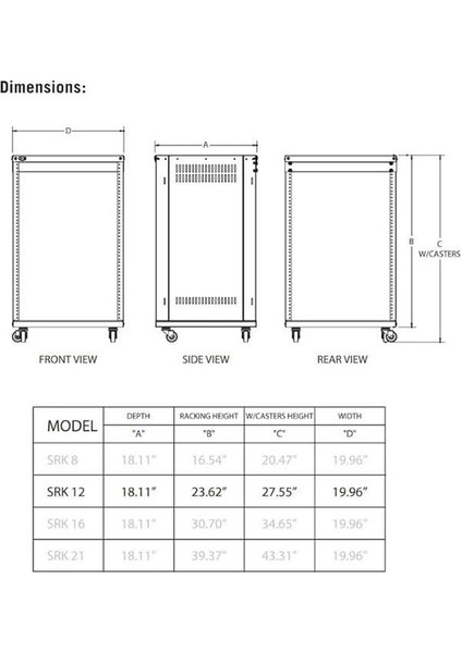 SRK12 19" Ekipman Rafı, 12 He, Tekerlekler Dahil modelleri