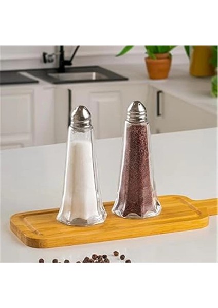 15332 2'li Cam Gövdeli Metal Krom Kapaklı Tuzluk Biberlik - Baharatlık Karabiberlik Seti -