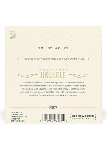 D'addario EJ87S Ukulele Tel Seti, Soprano, Titanium, Warm Bright T
