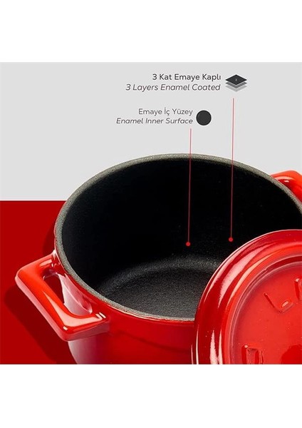 Metal Döküm Mini Tencere, 10 Cm, 0.35 L Hacim, Kırmızı
