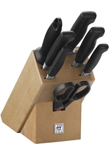 Zwilling Four Star 8 Parça Blok Bıçak Seti Doğal Ahşap Bloklu, Paslanmaz Çelik ve Ahşap, Siyah