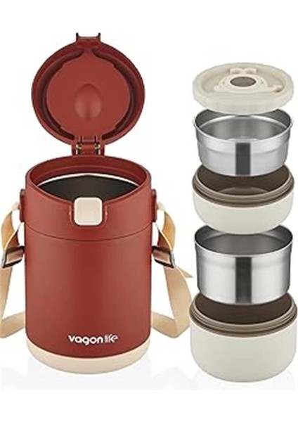 Çelik Yemek Termosu Isı Yalıtımlı 2 Kaseli 1.8lt Sızdırmaz Vakumlu Kap Taşıma Askılı