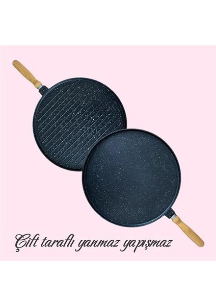 Yanmaz Yapışmaz Granit Kaplama Döküm Çift Taraflı Izgara ve Gözleme Tavası, Çift Taraflı