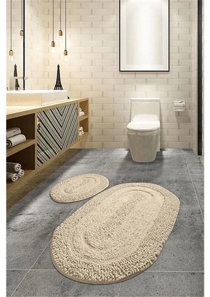 Macoronı Bej 2li Set Klozet Takımı Banyo Paspas Seti Halısı Cotton
