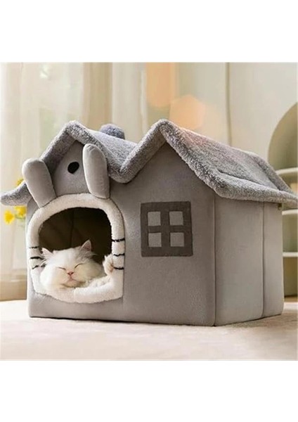 Kedi Evi Yumuşak Kedi Yatağı Derin Uyku ve Kış Evi Çıkarılabilir Minder -Villa 1ADET (Gri