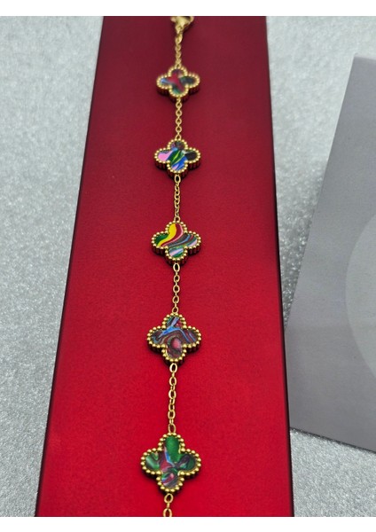 Renkli Ebruli Sedefli Renk Yonca Model Çelik Bileklik