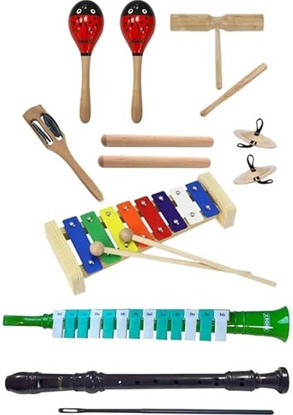 Örf Aletleri Seti Under Paket-3 Marakas Zil Çubuk Ksilofon Melodika Flüt (8 Parça)