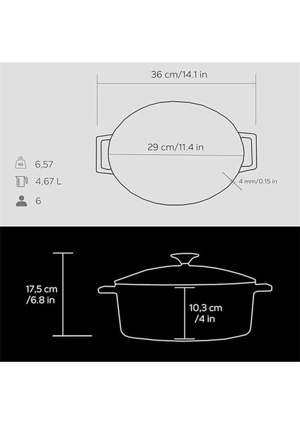 Metal Oval Döküm Tencere, 29 Cm, 4.67 L Hacim, Siyah indirimleri