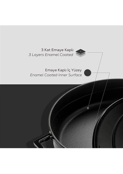 Metal Oval Döküm Tencere, 29 Cm, 4.67 L Hacim, Siyah
