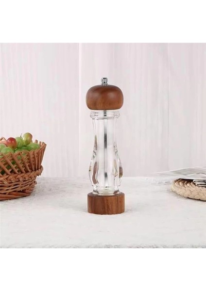 2 Adet Ahşap Kapaklı Bambu ve Akasya Ağacı Şeffaf Akrilik Tuz ve Karabiber Baharat