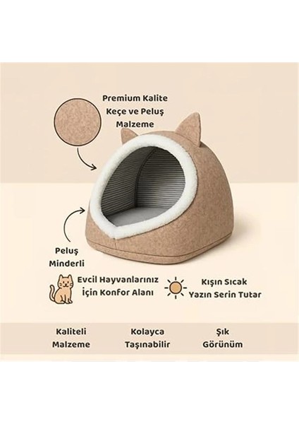 Beylini Kedi Köpek Evi Katlanabilir Evcil Hayvan Yatağı Peluş Yastık Hediyeli Dekoratif Kedi Köpek