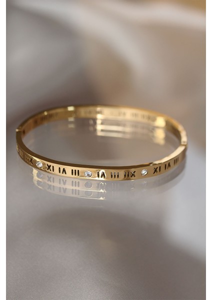 316L Çelik Roma Rakamlı Gold Renk Bilezik Kelepçe - TJ-BB3565